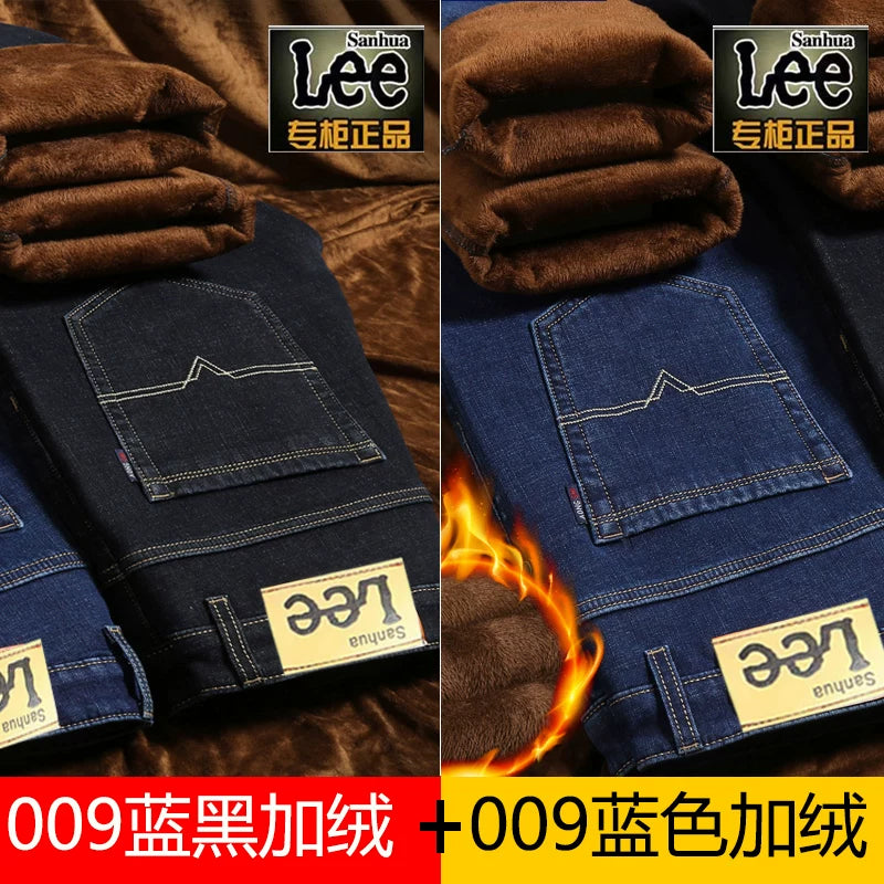 Payız/Qış üçün Kişilər üçün Qalın Yun Astarlı Cins Şalvar, İşgüzar Üslubda, Boş Formada, Düz Ayaqlı, Gündəlik, Uzun Şalvar, Elastik, Davamlı və Geyilməyə Davamlı