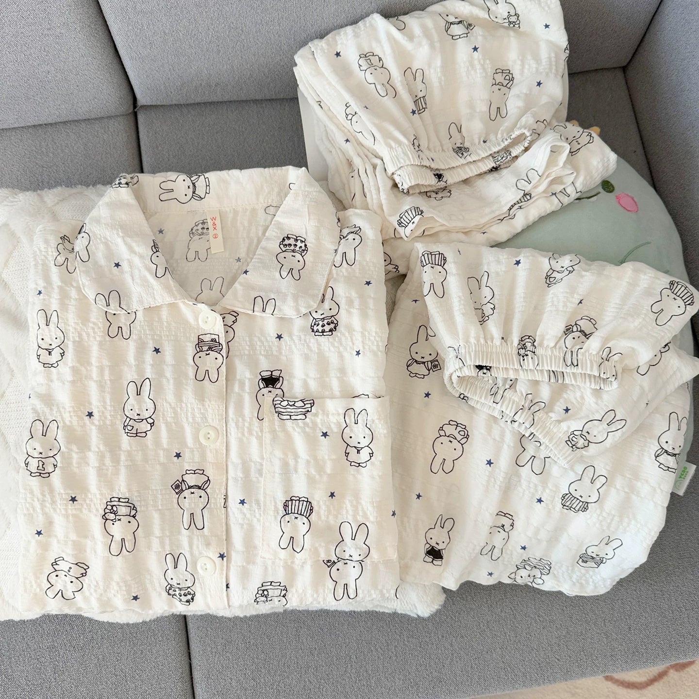 Yunduo təmiz pambıq cuna pijama qadın qısaqol şalvar 2026 yeni yay üç parça dəst sevimli pişik qız ev geyimi