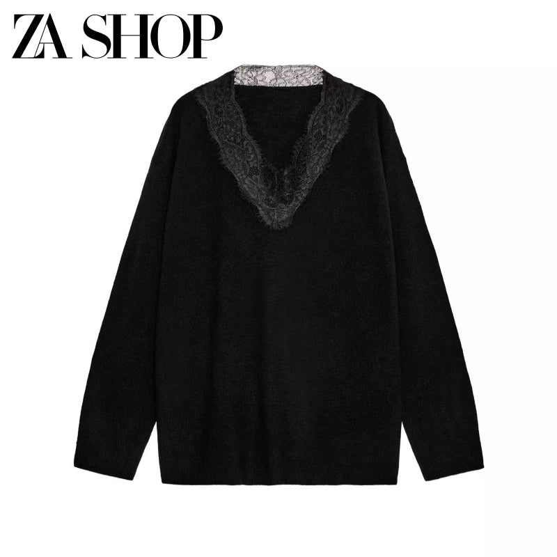 2025 Qış Yeni Gəliş Qadın Gündəlik Qarışıq Boş Sviter Uzun Qollu V-Yaxalı Krujeva ilə Bükülmüş Trikotaj Geyim 5755125