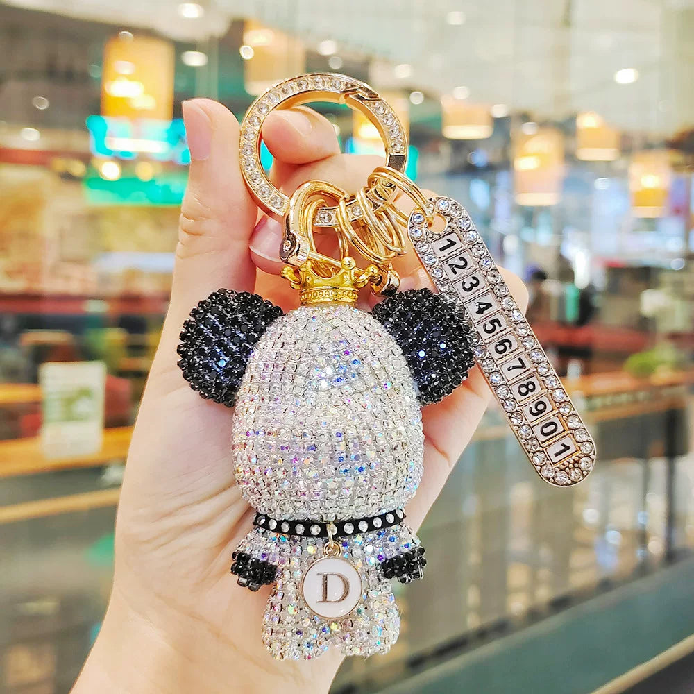 Cartoon full diamond bear-shaped car key chain, creative design, optional diamond-encrusted license plate pendant, anti-loss key chain gift.