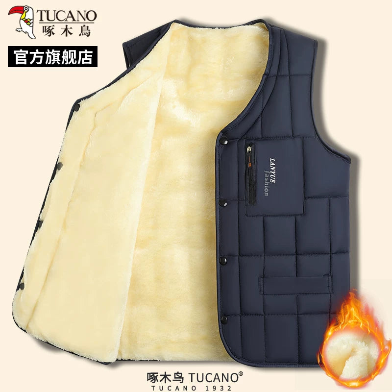 Woodpecker 2025 Qış Yeni Kişilər üçün Yun Astarlı Qalın Jilet, Orta Yaşlı və Yaşlı Atalar Üçün Üst Geyim, İsti Jilet C