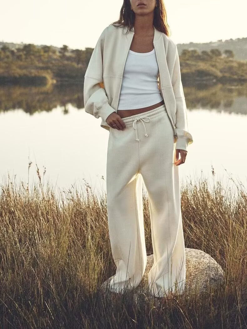 ZA Payız Yeni Fermuarlı Bomber Gödəkçə Sviter 3199802 Yüksək Belli Yun Şalvar 3199803