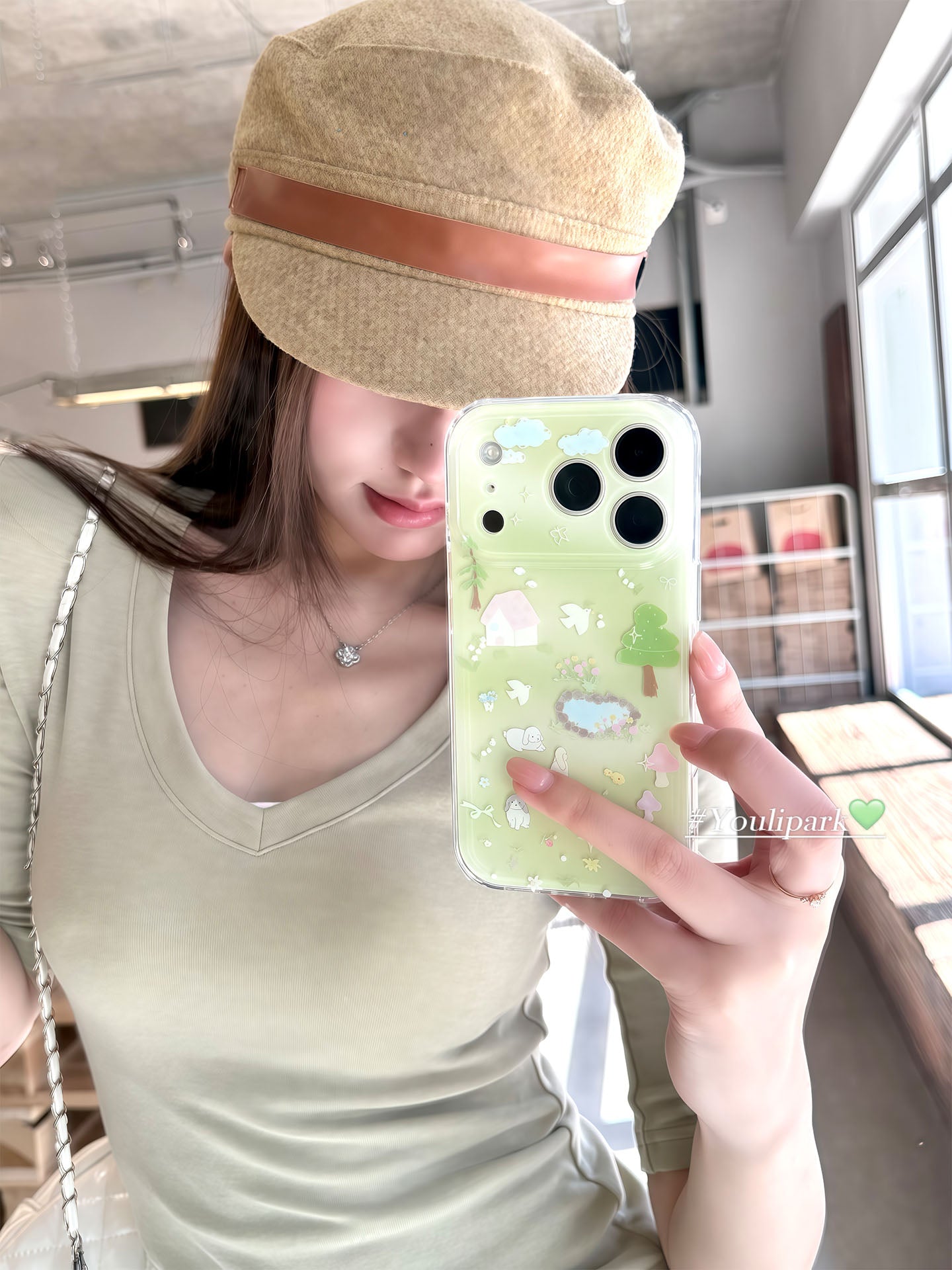 Yuri Park ins Koreya baharı şirin yaşıl çəmən balası illüstrasiya 17 17pro Apple 17ProMax cib telefonu qabı iPhone16 hər şey daxil 14 yeni 16Promax qoruyucu qutu