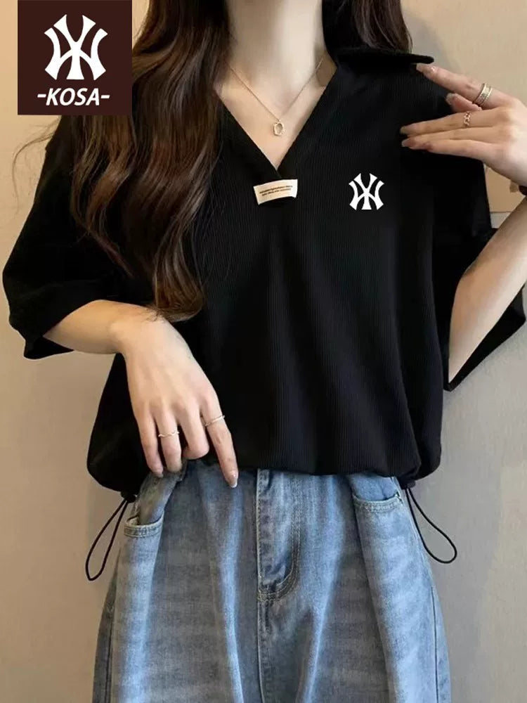 [Stokda olan brend] Satış nöqtələrində sürətli satış丨Qadınlar üçün yay üçün qısaqol köynək yeni stil polo yaxası boş top moda
