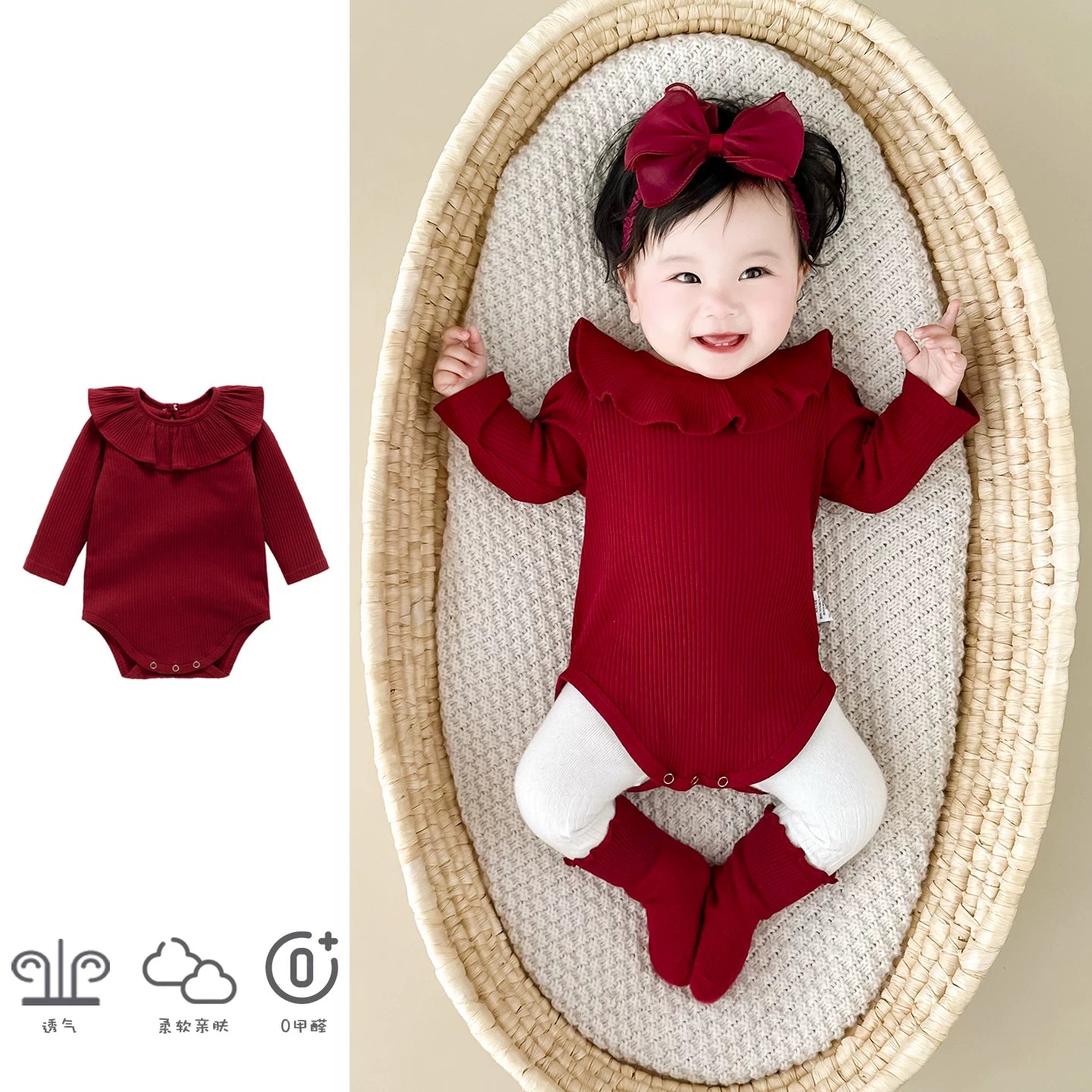 Qızlar üçün Fransız Uamtor Payız Körpə Onesi, Tam Ay/100 Günlük Şahzadə Romperi, Qırmızı Bəzəkli Kostyum