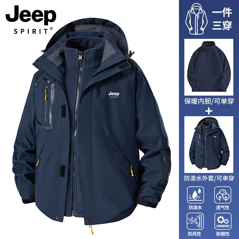 JEEP Kişilər üçün 2025-ci il Yeni Model Yaz, Payız və Qış Üçlü Birdə Yun Astarlı Qalın Kişi Üst Geyimləri
