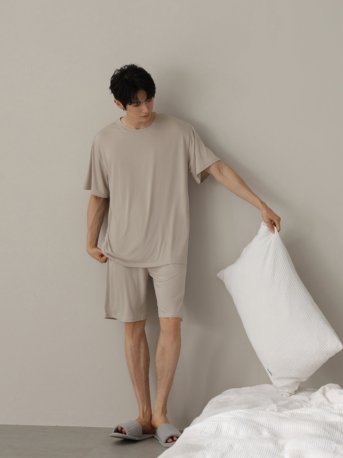 [Cool Feeling] Modal Buz İpək Pijama Kişi Yay Nazik Qısaqol Şort Yeniyetmələr Evdən Geyimi Kostyum