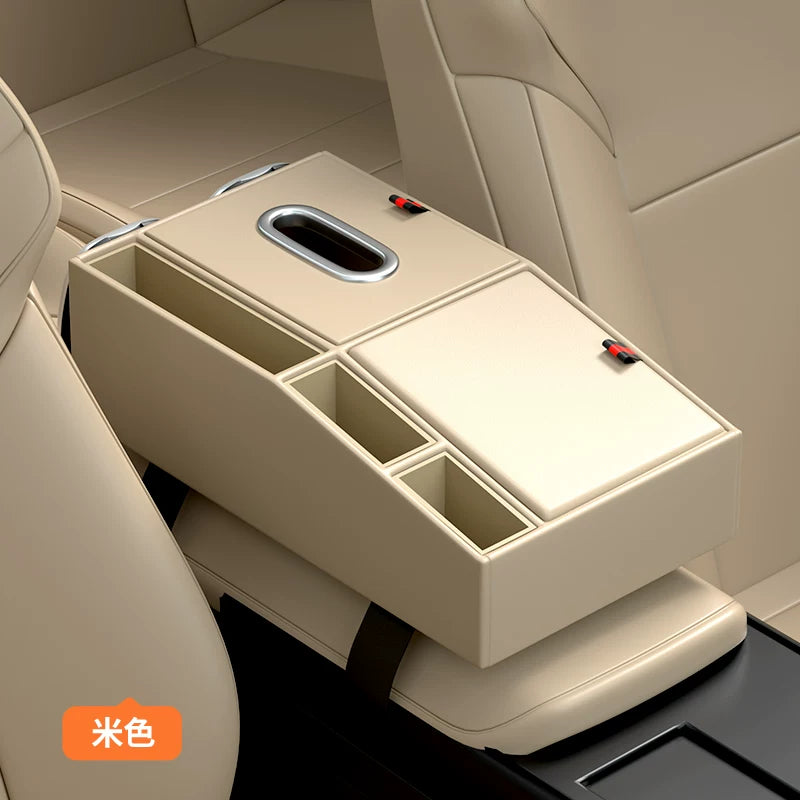 Premium-looking multi-functional car armrest storage box, car tissue box, double cup holder and center storage box.