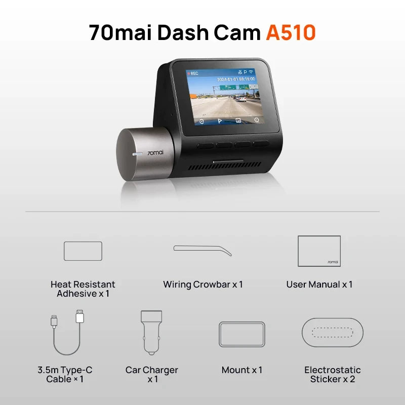 70MAI A510 smart car dash cam equipped with front and rear dual recording, high-definition night vision and parking monitoring