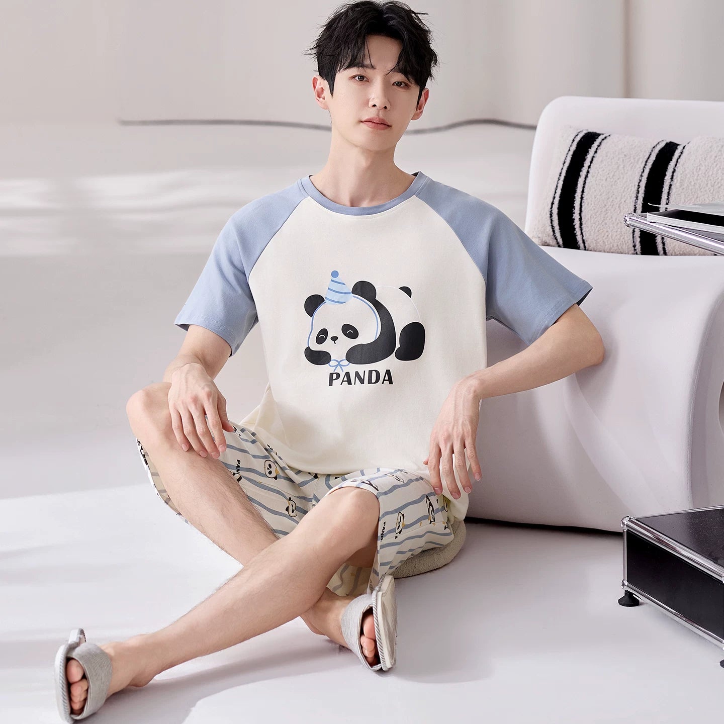 Kişilər üçün pijama yay təmiz pambıq nazik qısaqol şort kostyumdan kənarda geyinmək olar təsadüfi böyük ölçülü kişi sərin ev paltarı