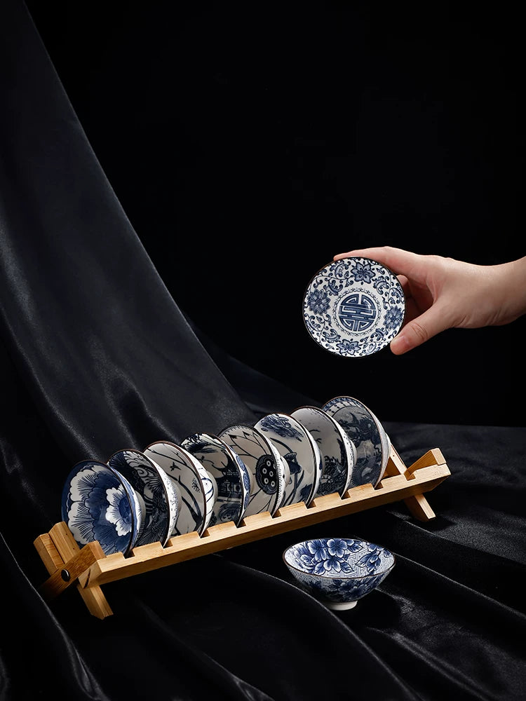 Mavi və ağ bambuk papaq stəkanı Kung Fu çay fincanı 10 paket stəkan tutacağı ilə kiçik çay stəkanı çay stəkanı çay fincanı tək stəkan çay dəsti tək məhsul