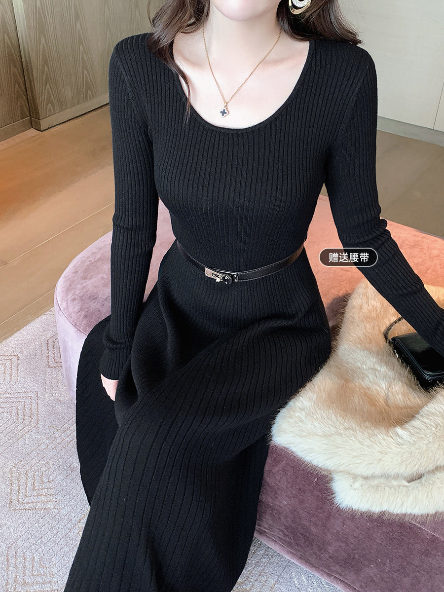 Island Song Lady Yun Örgü Don Qadın Payız və Qış A-xətt Ətək, İncə Uyğun, Qara Daxili Qatlı Zərif Baza Don