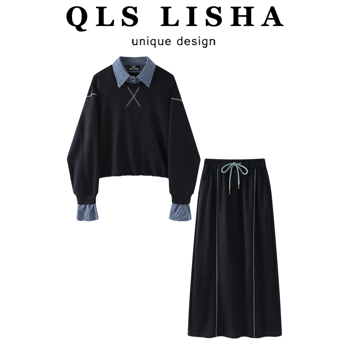 Cholisa'nın preppy stilində iki hissəli kostyum ətəyi, yaz və payız Koreya stilində rəngli bloklu köynək və sviter, 2026-cı ilin super populyar iki hissəli qadın geyimləri