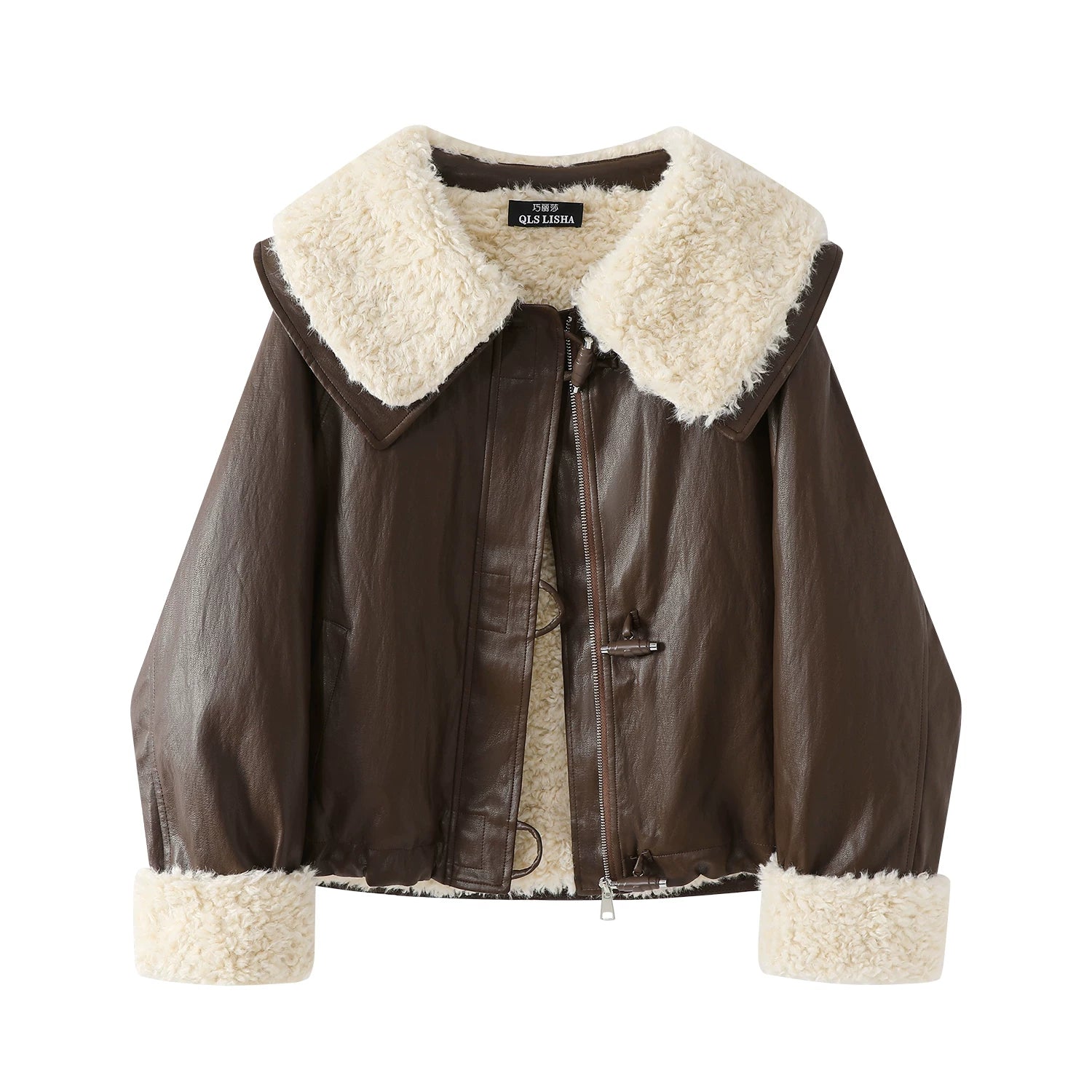 Chorissa Qəhvəyi Qadınlar üçün Yun Astarlı Dəri Gödəkçə, Payız/Qış, Yüksək Seçimli, Boş Oturmalı, Çoxfunksiyalı, İsti, Qalın Quzu Yunlu Top