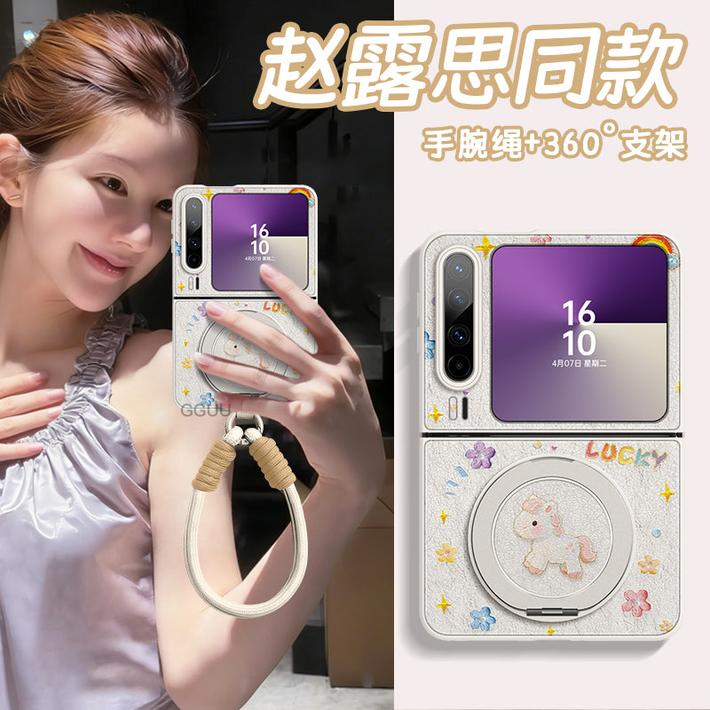 Yağlı boyalı pony Huawei puraX mobil telefon qutusu üçün uyğundur Pura yeni kolleksiyaçı nəşri qoruyucu örtük fırlanan stend qatlanan ekran qadın