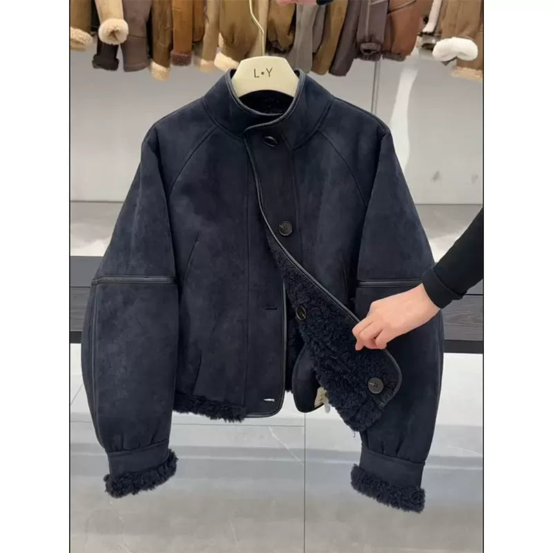 Uniseks, dəbli və şık qadın geyimləri, 2026 Payız/Qış yeni Koreya üslubunda rahat, şık dəri gödəkçə/qısa palto.