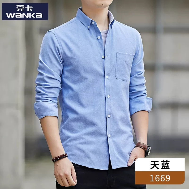 Kişilər üçün uzunqol köynək, gənclik üslubunda, boş forma, dəbli brend, yüksək səviyyəli Oksford parça, düz rəng, payız geyimi, gündəlik üst geyim.