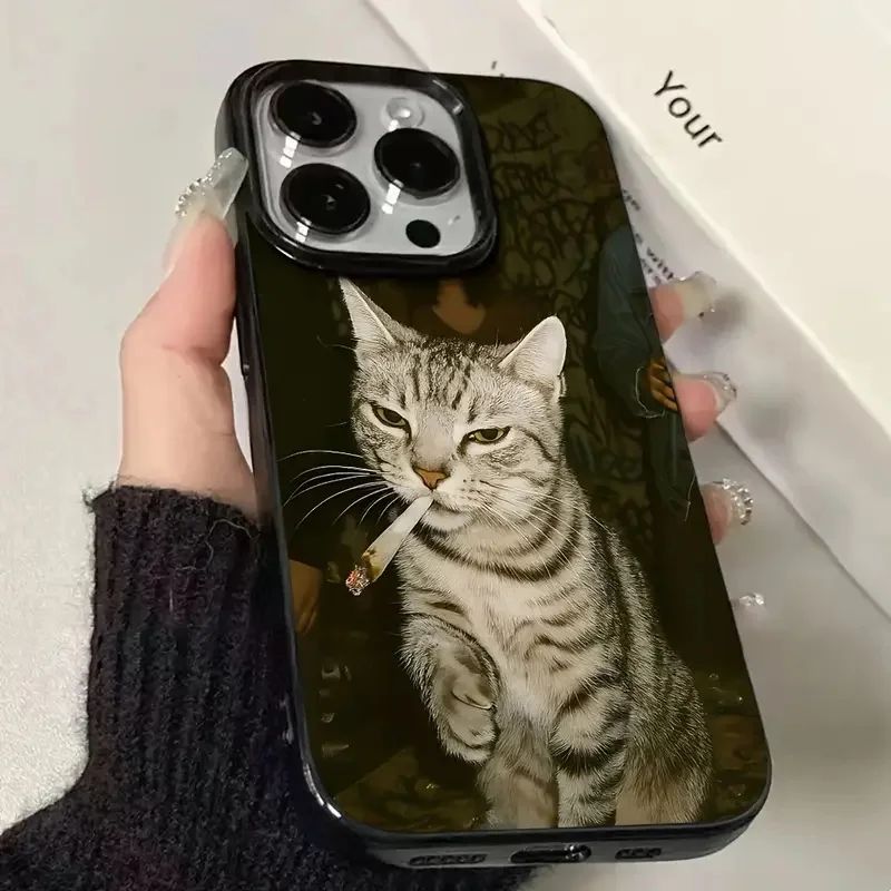 iPhone 17 A üçün şık pişik siqareti naxışlı qara rəngli telefon qabı