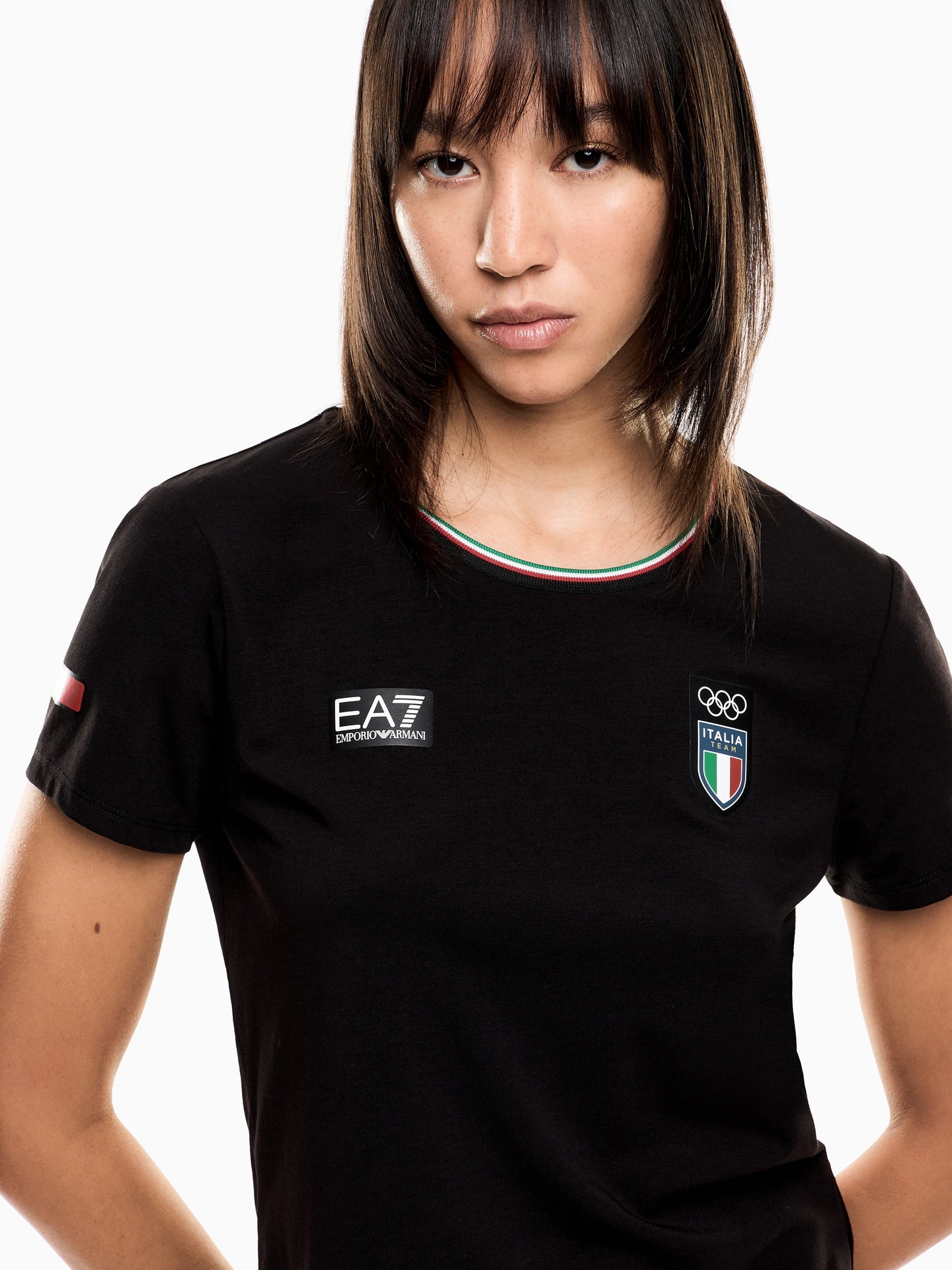 EMPORIO ARMANI EA7 Qış Yeni Qadın Dəyirmi Yaxalı Dartılan Pambıq Qısa Qollu İdman Məşq Köynəyi