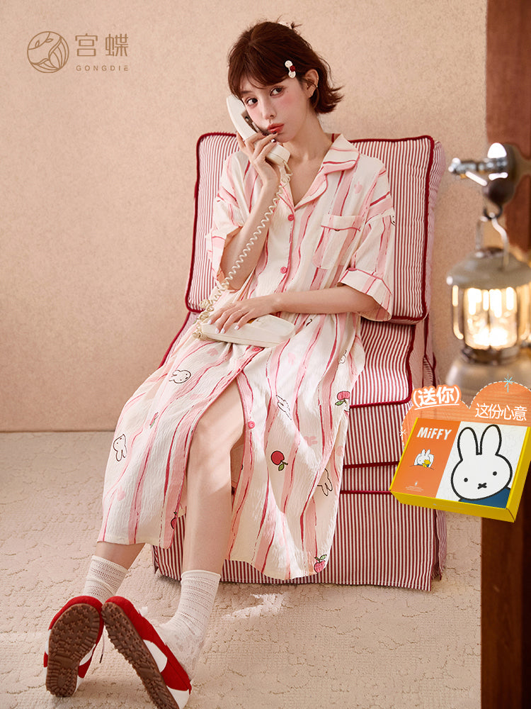 Gongdie [sərin tip] Qadınlar üçün Miffy yay qısaqol gecə paltarı sevimli cizgi filmi zolaqlı hırka ev geyimi pijama