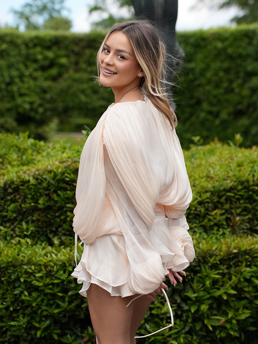 Qadınlar üçün şifon fənər qollu qalstuklu ön üst və büzməli ətək dəsti