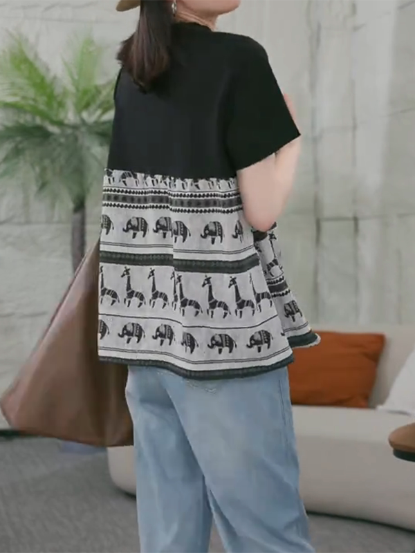 Böyük ölçülü, geniş bədən formasında, yamaqlı qısaqollu qadın köynəyi, yeni yay stili, arıqladıcı retro naxışlı top.