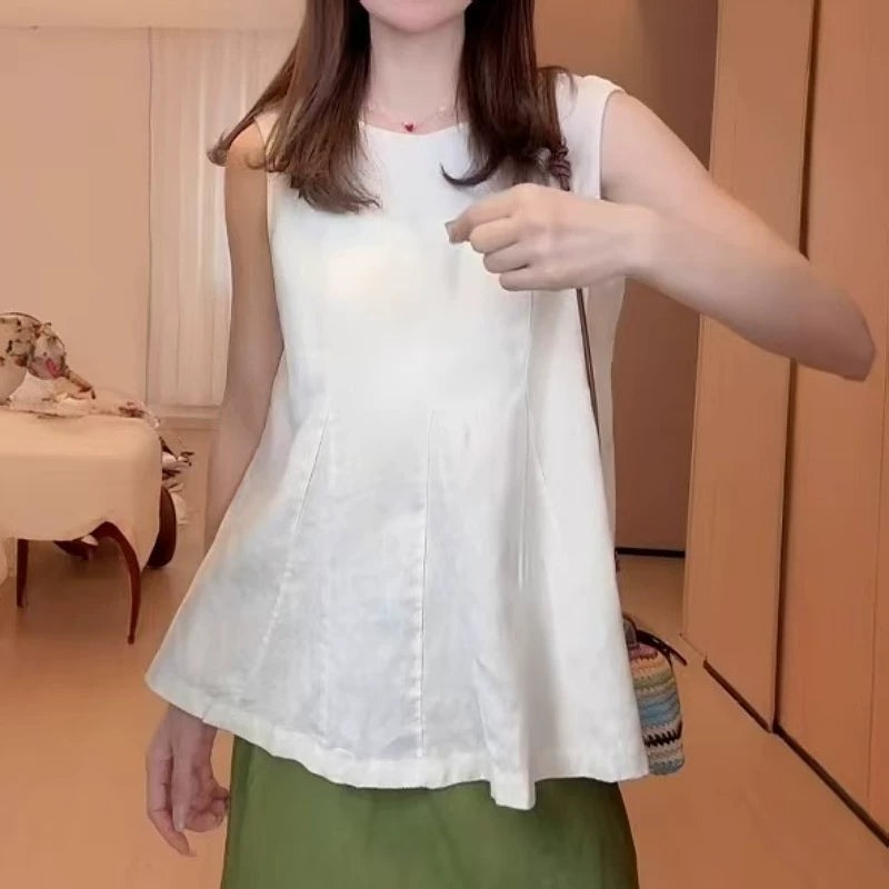 Böyük ölçülü qadınlar üçün təmiz pambıqdan büzməli jilet, yay üst geyimi, geniş formalı, arıqladıcı qolsuz top.