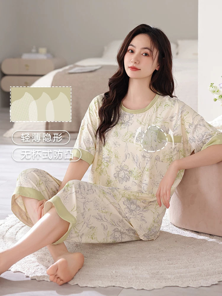 Fenton Ke'an modal pijama qadın yay qısaqol üç dörddəbir şalvar nazik iri ölçülü orta yaşlı ana üçün döş yastıqları ilə ev geyimi