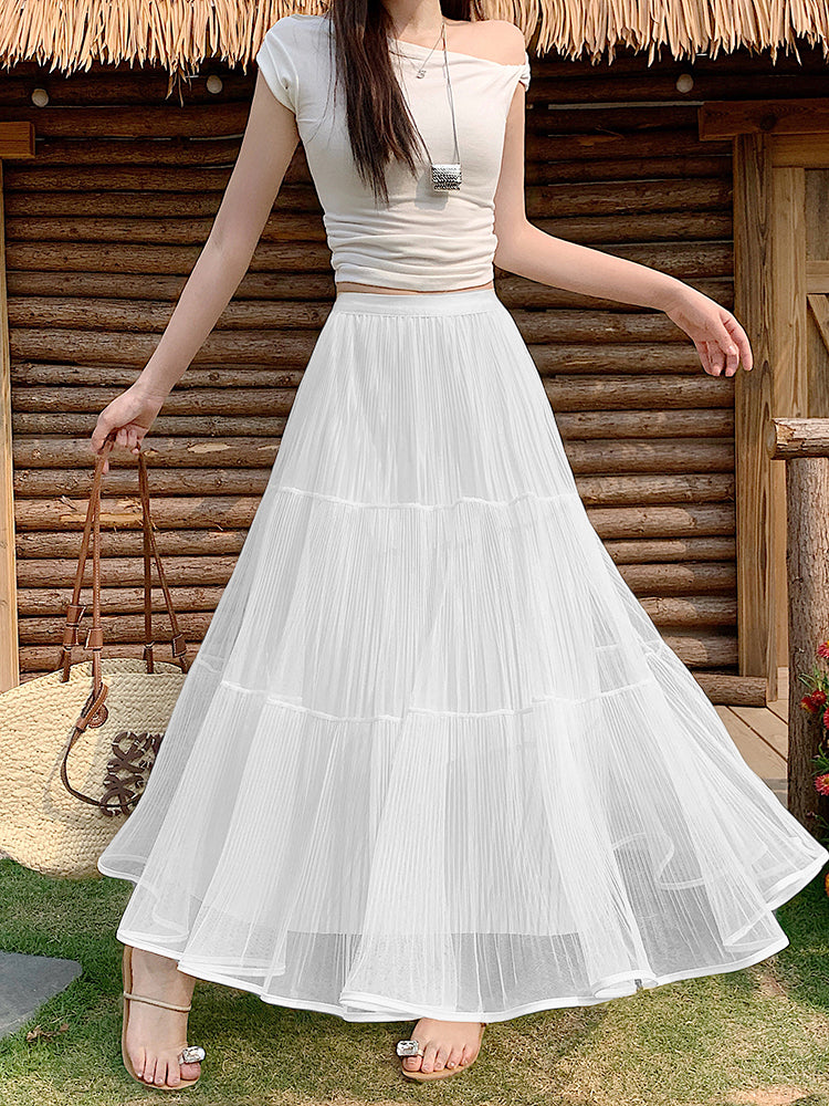 Fransız üslubunda qadınlar üçün yüksək belli torlu midi ətək, yay aylarında, böyük ölçülü qadınlar üçün idealdır, arıqladır və kalçaları gizlədir, A-xətti çoxmərtəbəli ətək.