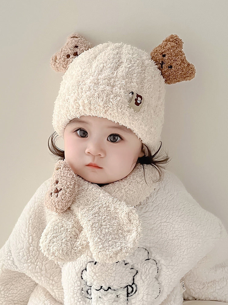 Körpə papağı və şarfı iki hissəli dəst, şirin ayı körpəsi qulaqcıqlı papaq, qalın və isti, oğlan və qızlar üçün, payız və qış üçün idealdır.