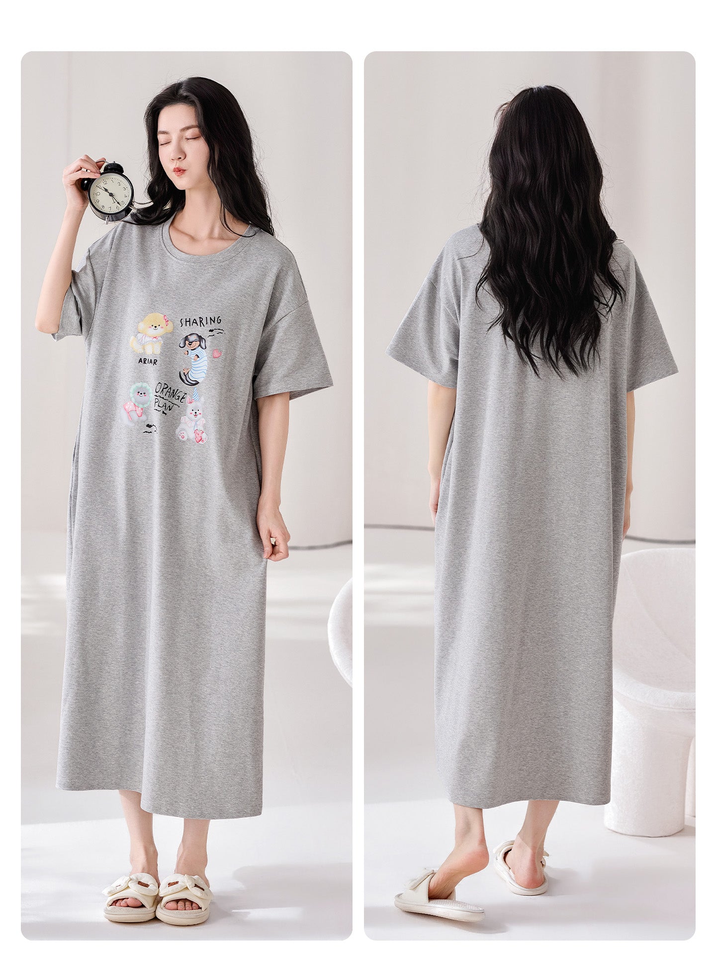 Döş Yastıqları ilə Urban Beauty Pijama Qadın Yay Yeni 2026 Boz Qısaqol Ev Geyimi Orta Uzunluqlu Etek Pijama