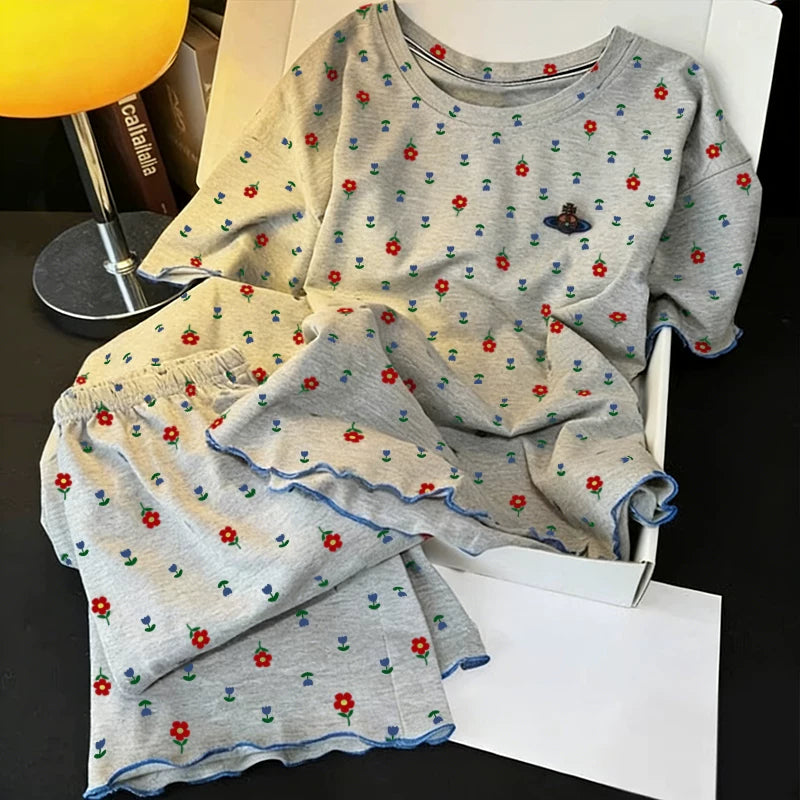 Qadınlar üçün retro çiçəkli pijama yay 2026 yeni şirin böyük ölçülü qısaqol şalvar yay təmiz pambıq ev paltarı dəsti