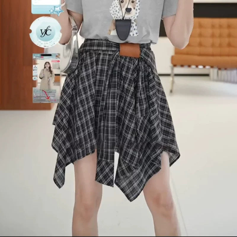 Retro dama-dama midi ətək, yeni 2026 yay üslubunda, böyük ölçüdə, yüksək belli, arıqladıcı, nizamsız A-xəttli qısa ətək.