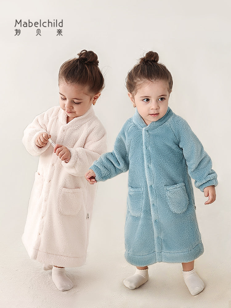 Körpə qış isti xalat, körpə pijamaları, oğlan və qızlar üçün yun astarlı, qalınlaşdırılmış uşaq mərcan yun ev xalat pijamaları