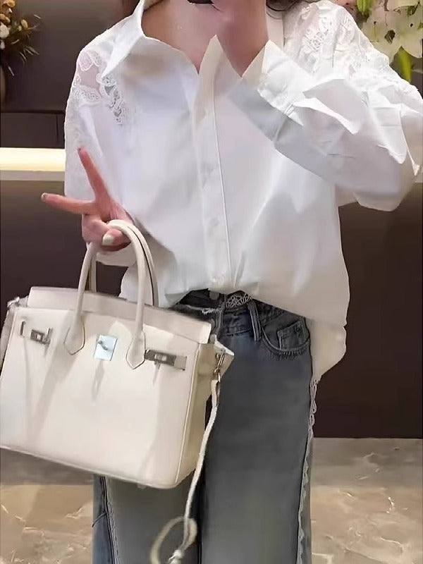 Qadınlar üçün Böyük Ölçülü Zərif Krujeva Nakışlı Uzunqol Ağ Köynək, 2026 Yeni Yaz Modeli, Boş Forma, Gündəlik Top