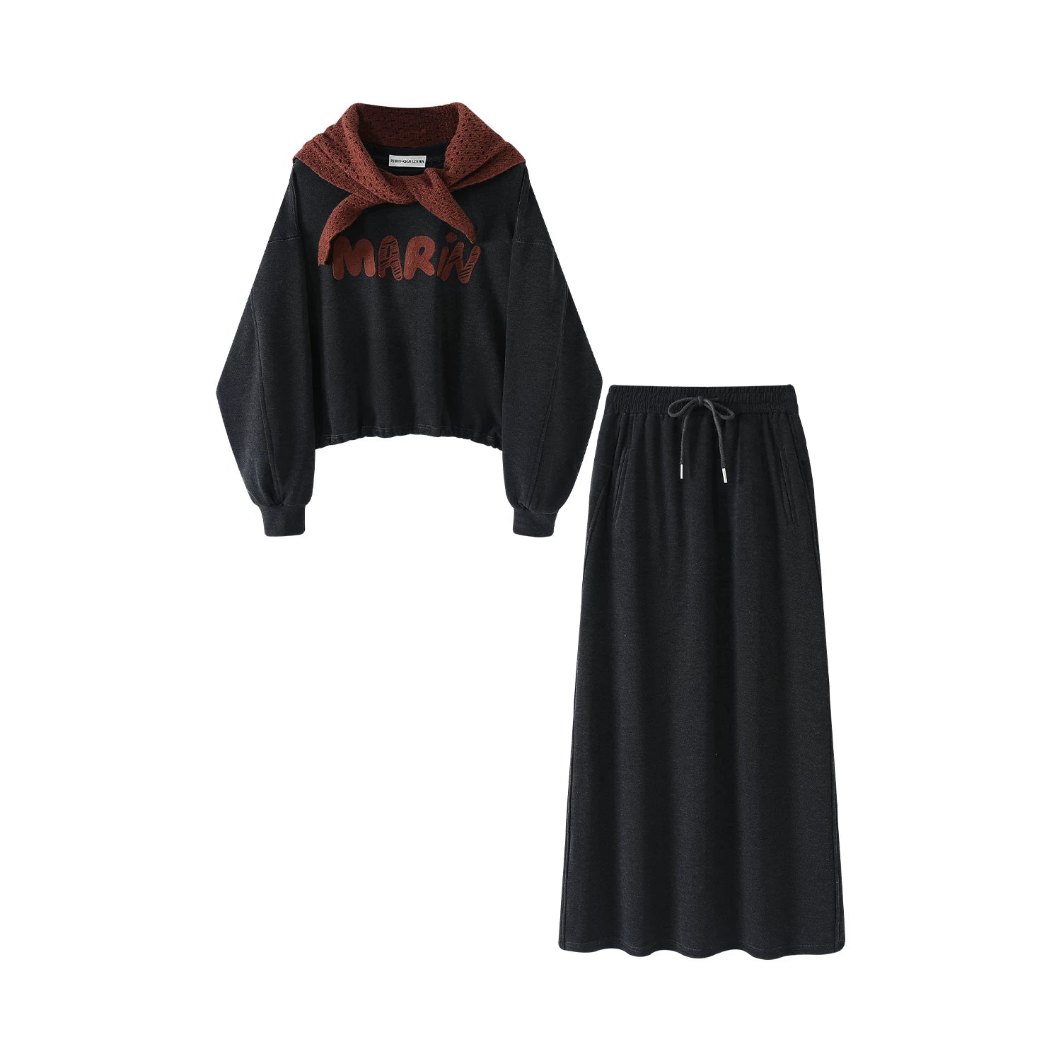 Cholisa Koreyalı Qəşəng Yüksək Bəzəkli Sviter Dəsti, Şal Topu və Yüksək Belli Kəsik Ətəklə - Qadınlar üçün Payız/Qış Üç Hissəli Dəst