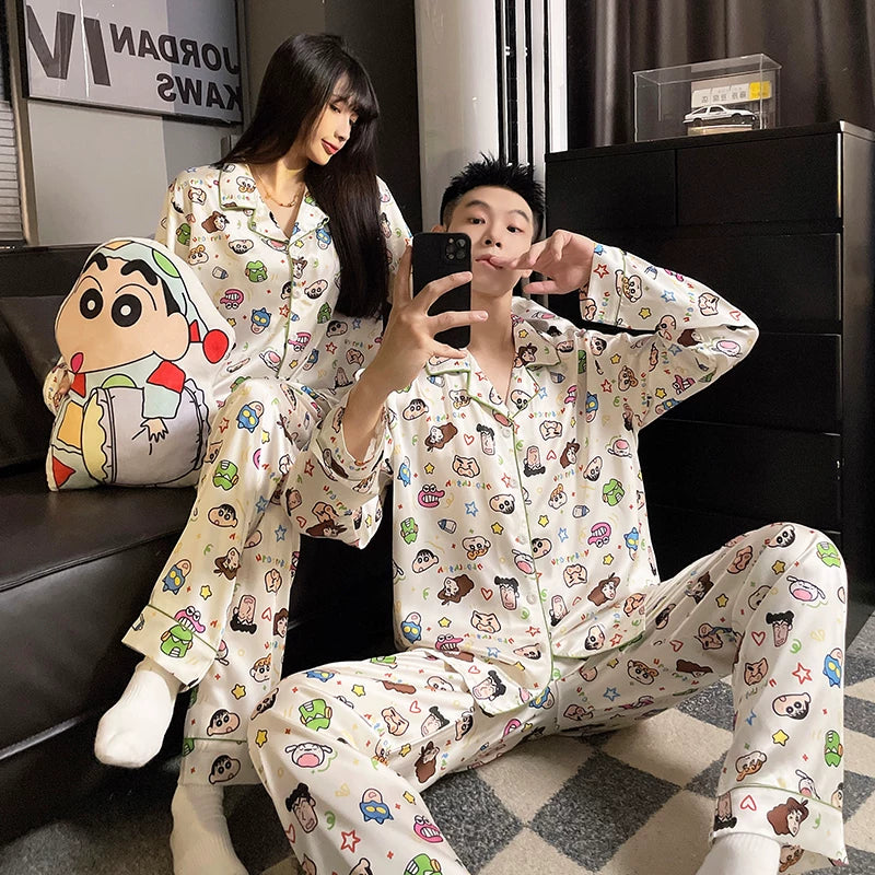 Crayon Shin-chan cüt pijama qadın yay qısaqol buz ipək üç parça dəsti şirin nazik yay kişi ev geyimi