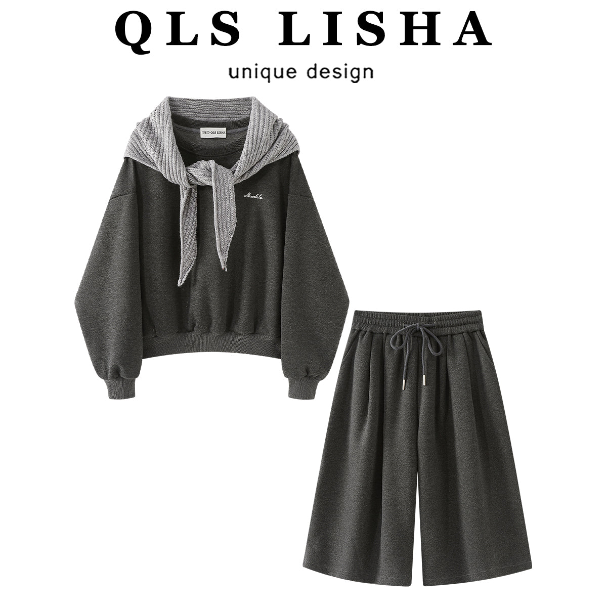 Chola Lisa Koreya üslubunda dairəvi yaxalı sviter Erkən payız dəsti Qadın trikotaj şal boş gündəlik qısa enli şalvar üç hissəli dəst