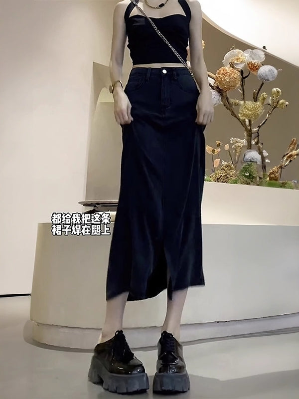 Qadınlar üçün Qara Denim Midi Ətək, 2026 Yeni Yay Modeli, Nazik, Arıqladıcı, Böyük Ölçülü, Dolğun, Boş A-xəttli, Orta Uzunluqlu Ətək