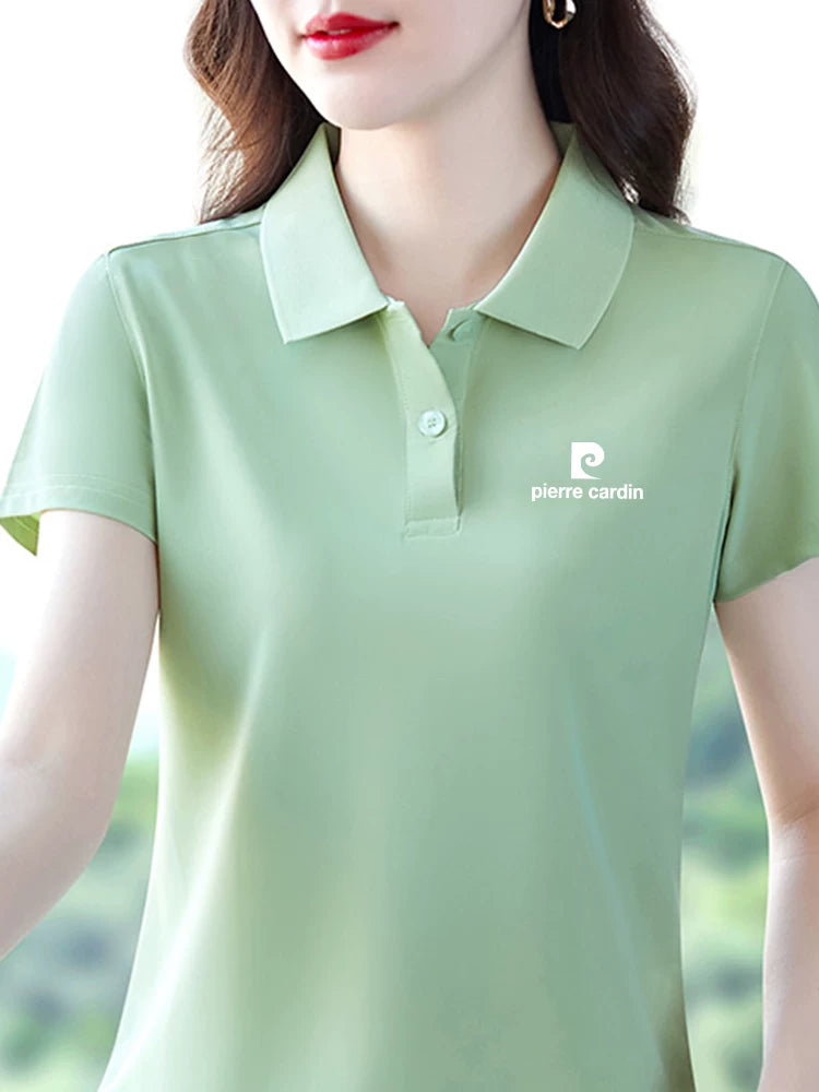 Pierre Cardin tez quruyan buz ipək qısaqol köynək qadınlar üçün 2026 yeni yay böyük ölçülü POLO yaxası üst nazik dibli köynək