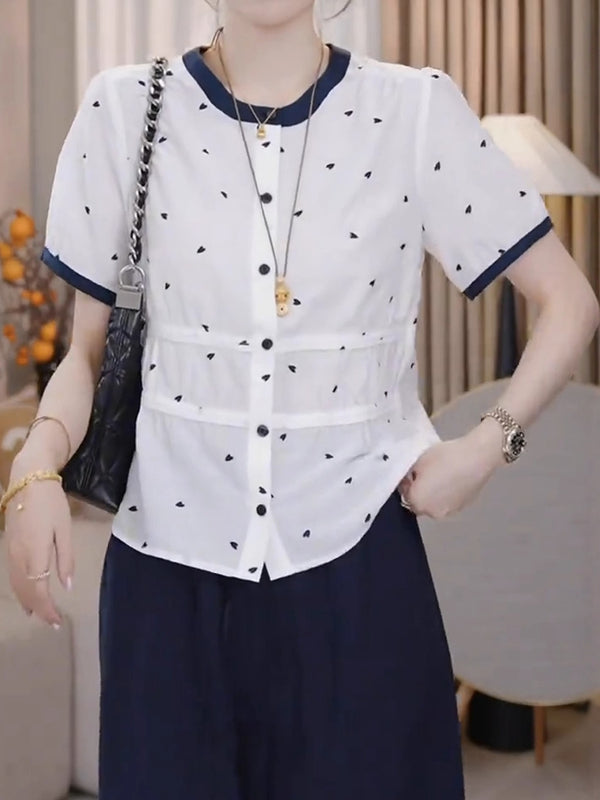 Böyük Ölçülü Qadın Geyimləri, 2026 Yay Yeni Stil, Dəbli, Zərif, Boş Formalı, Arıqladıcı Dəyirmi Yaxalı Qısa Qollu Köynək Topu