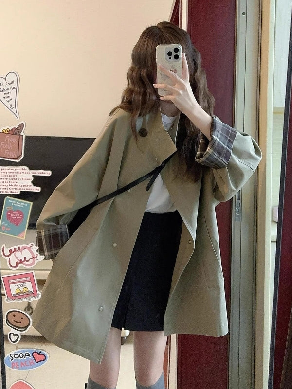 Qadınlar üçün Koreya üslubunda trençkot, Britaniya üslubunda, yeni 2026-cı ilin yazı, böyük ölçülü, böyük ölçülü qadınlar üçün zərif ayaq üstə yaxalıqlı qısa dəbli palto.