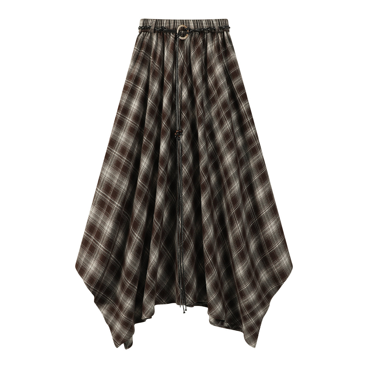 Chola Lisa Fransız üslubunda qadınlar üçün retro qəhvəyi rəngli dama-dama midi ətək, payız qeyri-müntəzəm dizaynlı A-xəttli ətək