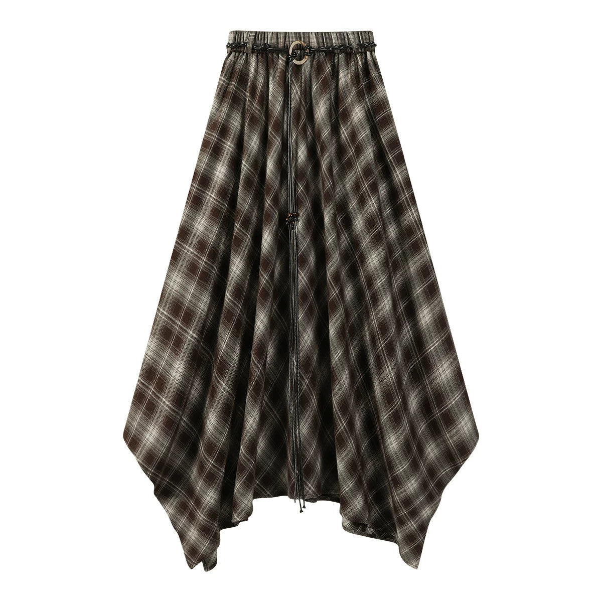 Chola Lisa Fransız üslubunda qadınlar üçün retro qəhvəyi rəngli dama-dama midi ətək, payız qeyri-müntəzəm dizaynlı A-xəttli ətək