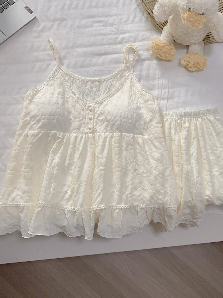 Döş yastıqlı asma şort, qadın pijama, yay yeni stil, buludlu pambıq tekstura, çöldə geyinmək olar, şahzadə üslubunda ev paltarı dəsti