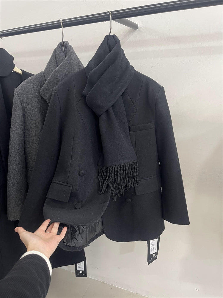 Koreya üslubunda qadınlar üçün ikiqat sinəli şərf kostyumu aşağı gödəkçə, kiçik bədənli qadınlar üçün yüksək səviyyəli qış üslubu, zərif ağ ördək rəngli yun palto.