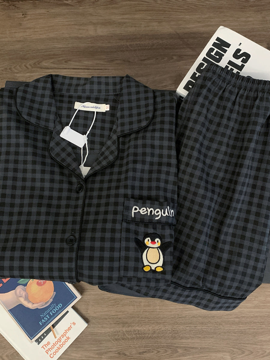 Yayda kişi və qadınlar üçün pijama boz rəngli plaid pinqvin təmiz pambıq qısaqol şort cüt Yapon üslublu pambıq ev geyimi dəsti