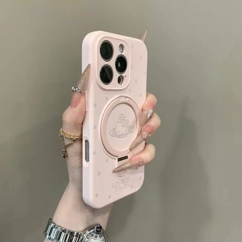 Ins tərzində Kitty pişik planeti polka nöqtəli maqnit stend Apple 16Promax mobil telefon qutusu iPhone15Promax maye silikon 14Pro sadə hər şey daxil 13/12 yıxılmaya qarşı qoruyucu örtük