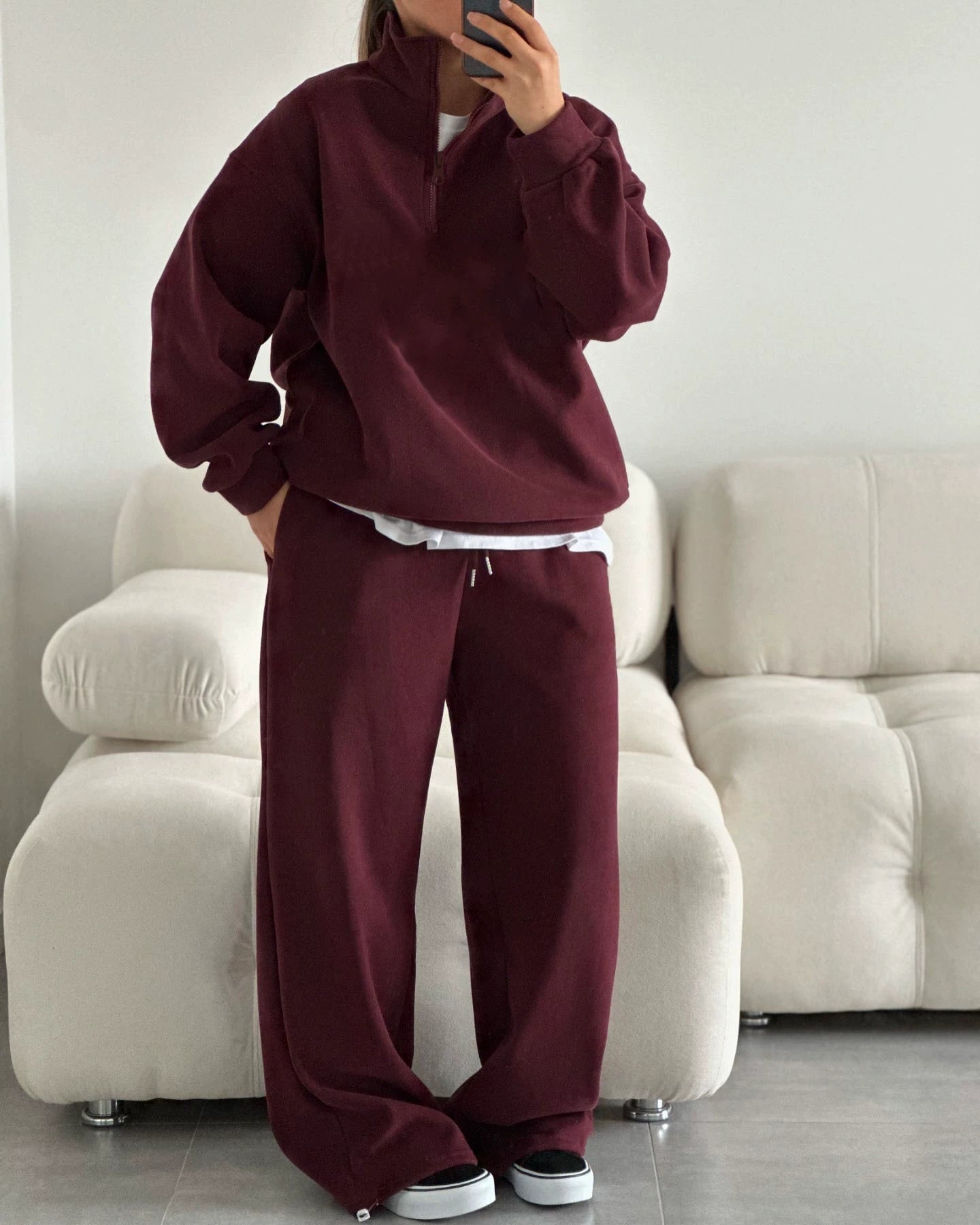 European and American style loose, half-zip shirt and pants set