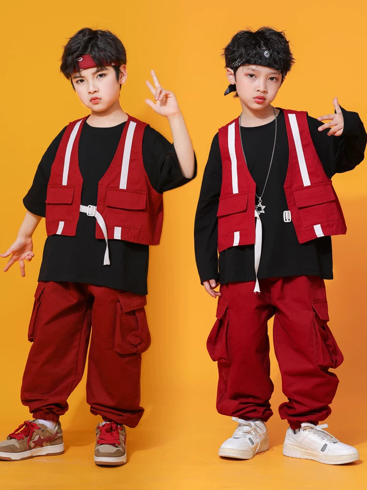 Küçə rəqsləri uşaqlar üçün dəbli, gözəl oğlanlar üçün hip-hop performansı jileti, üç hissəli hip-hop küçə performansı kostyumu.